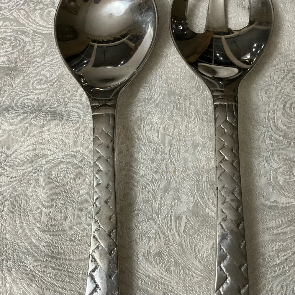 Vintage Stainless Steel Salad Serving Set Large Spoon Fork Textured Handles